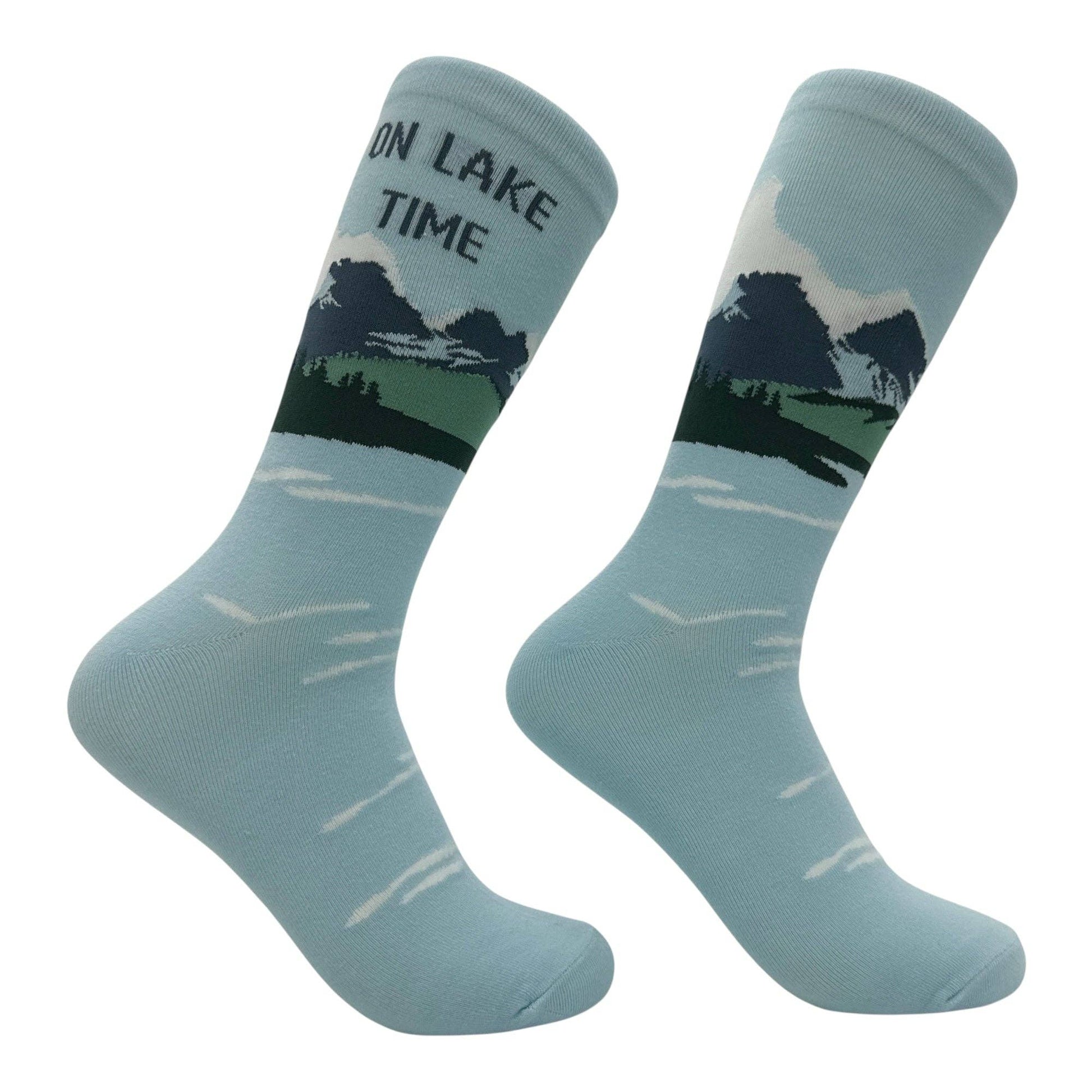 Pair of socks with a lake and tree design and 'On Lake Time' text on a white background
