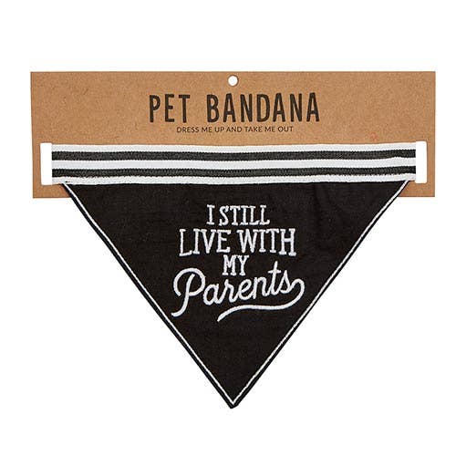 Black pet bandana with 'I Still Live with My Parents' text on a cardboard backing.