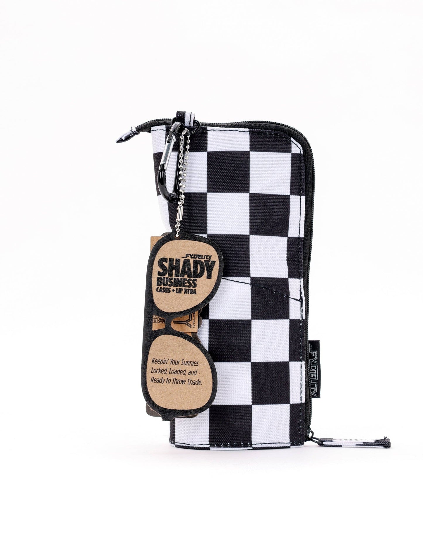 Black and white checkered pouch with a bow tie and label on a white background