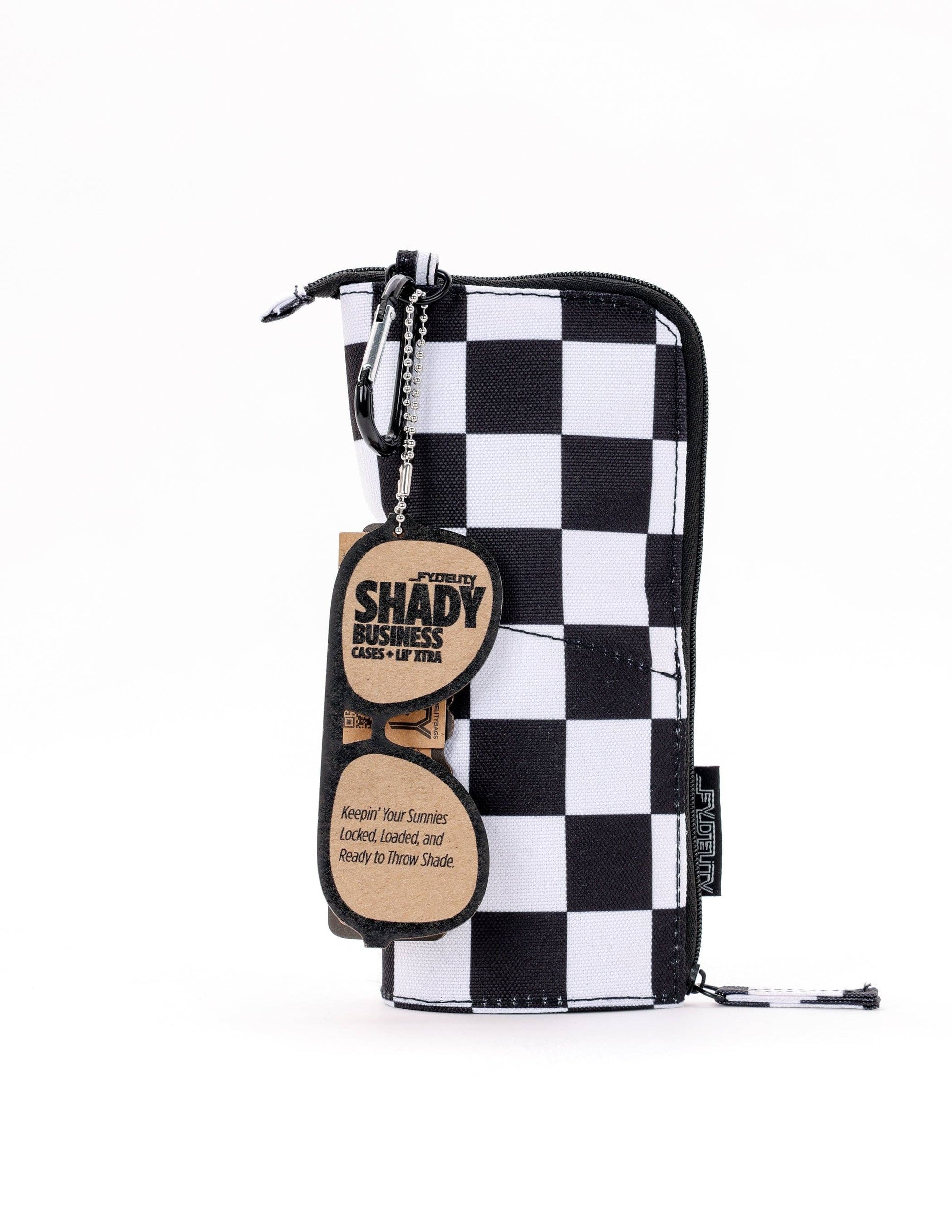 Black and white checkered pouch with a bow tie and label on a white background