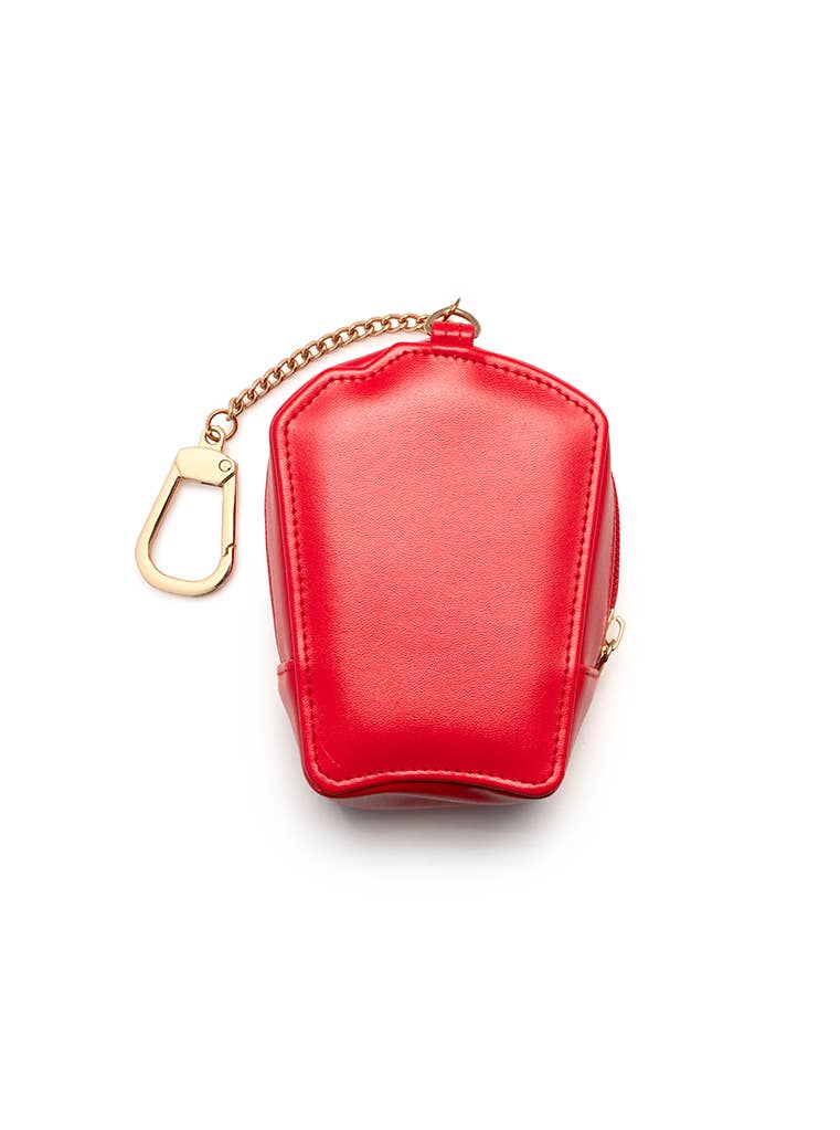 Red keychain pouch with gold chain on a white background