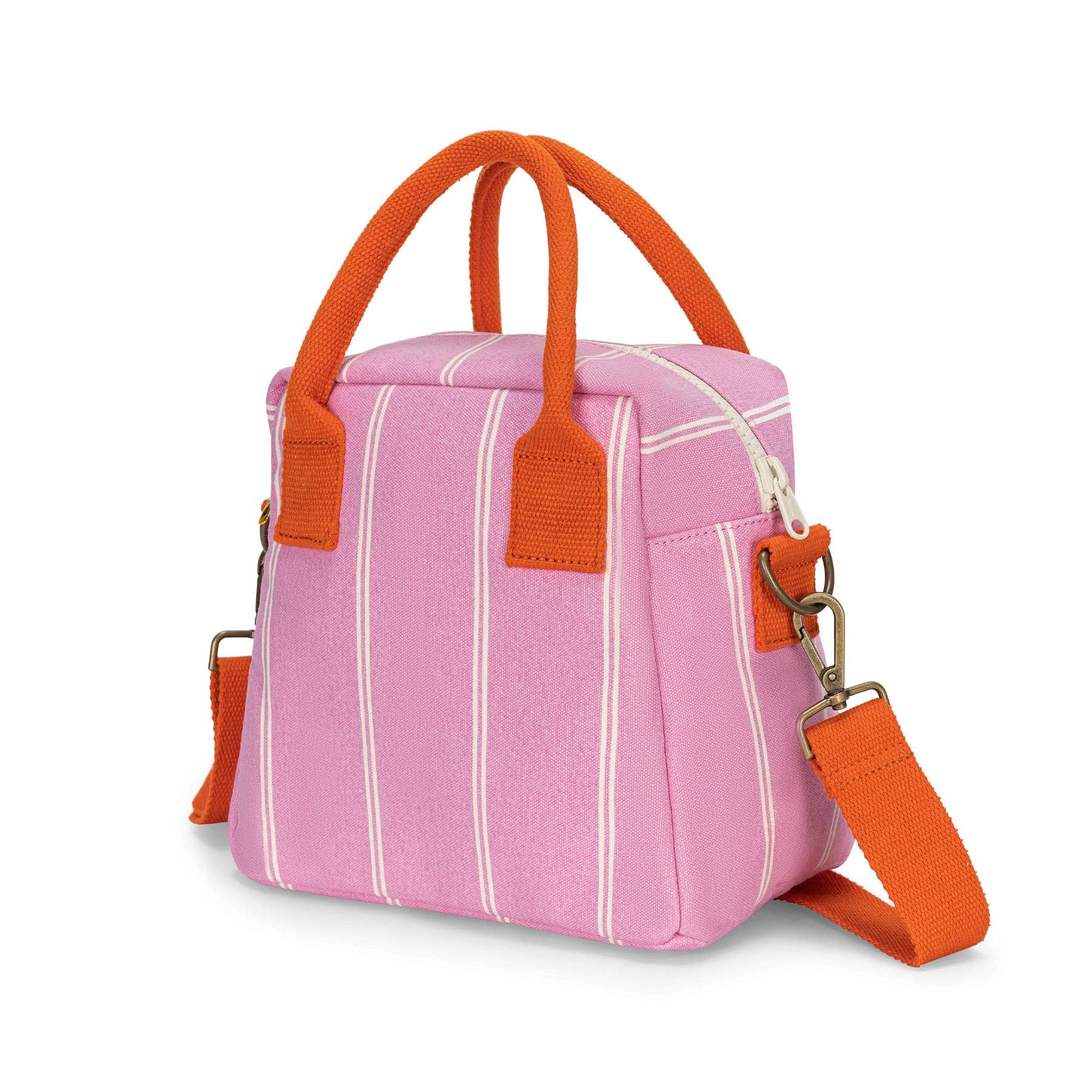 Pink and orange striped bag with a strap on a white background