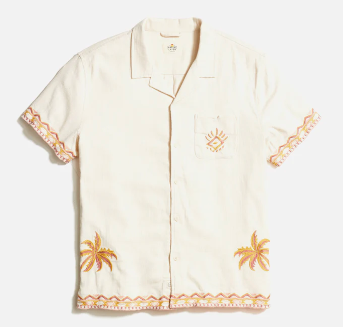 Stretch Selvage Embroidered Resort Shirt - Natural/Coral