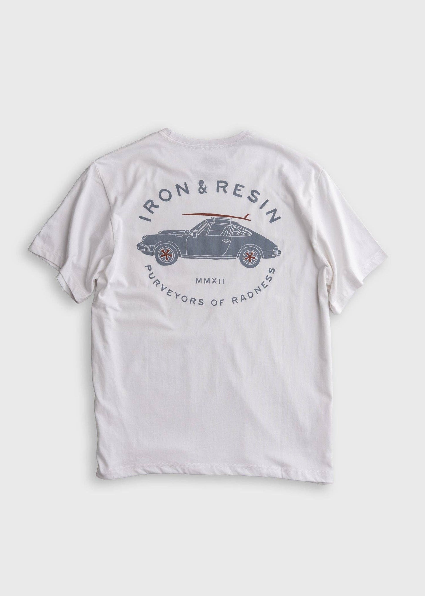 White t-shirt with a graphic design and text on a white background