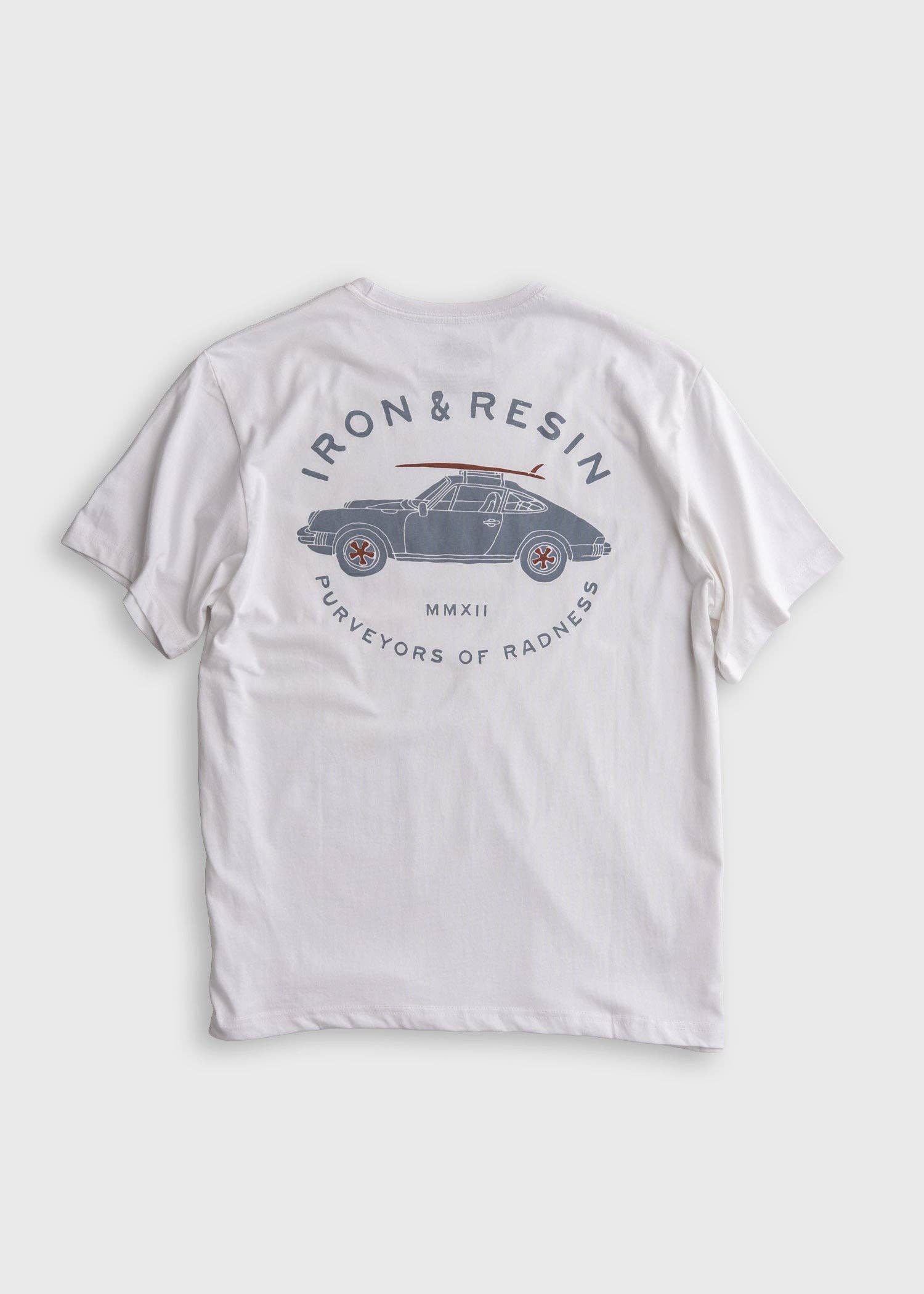 White t-shirt with a graphic design and text on a white background