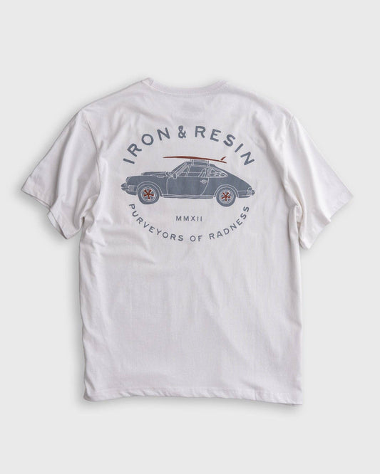 White t-shirt with a graphic design and text on a white background