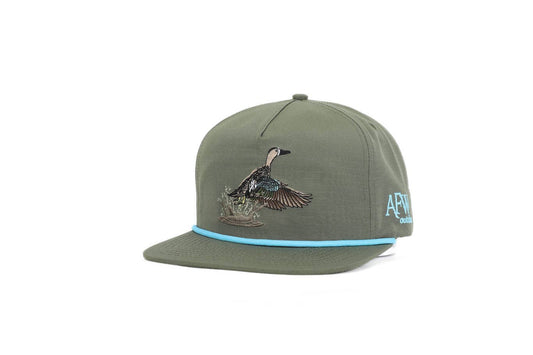 Green cap with duck design and 'AW' logo on a white background