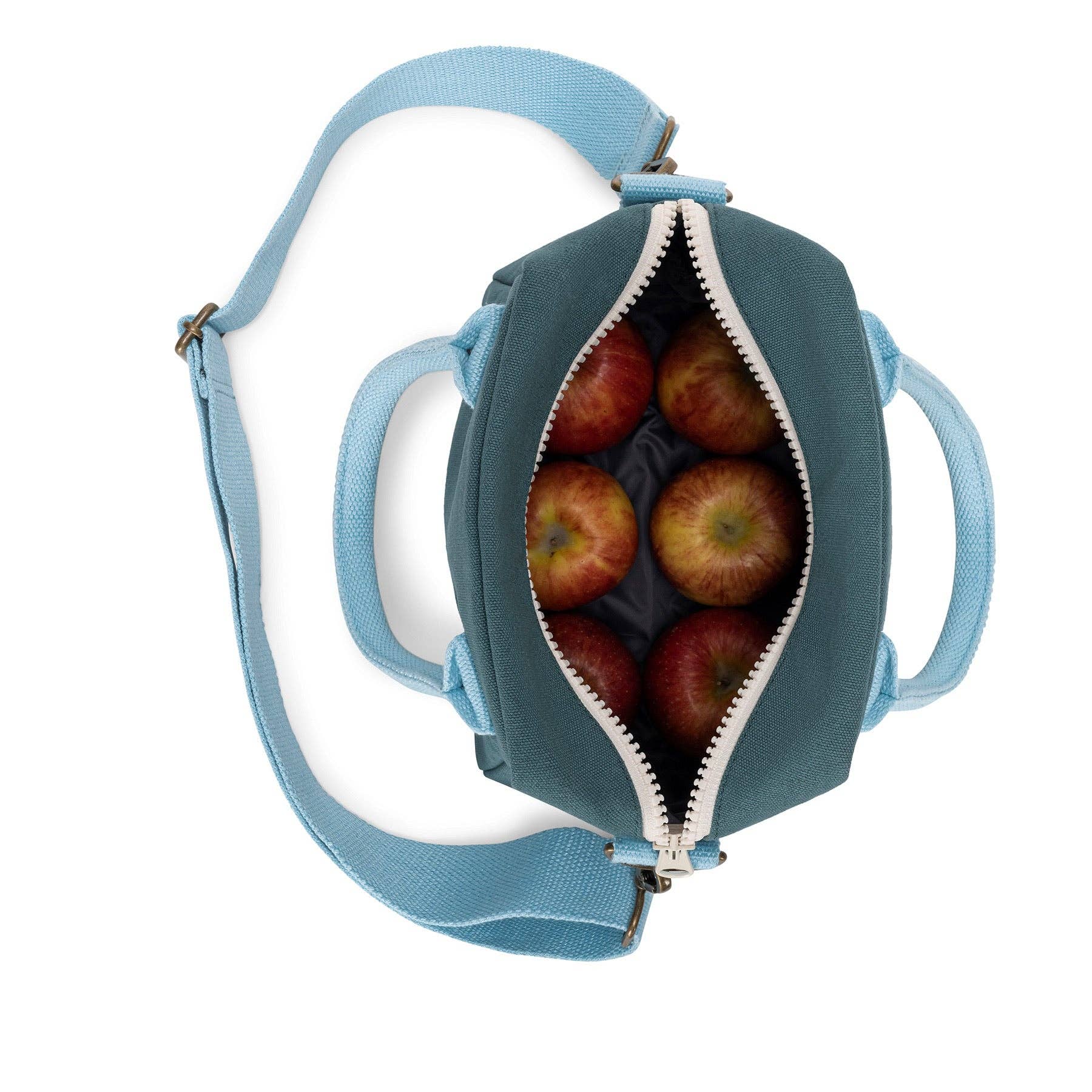 A light blue insulated lunch bag with a top zipper, shown open with red apples visible inside, on a plain white background.