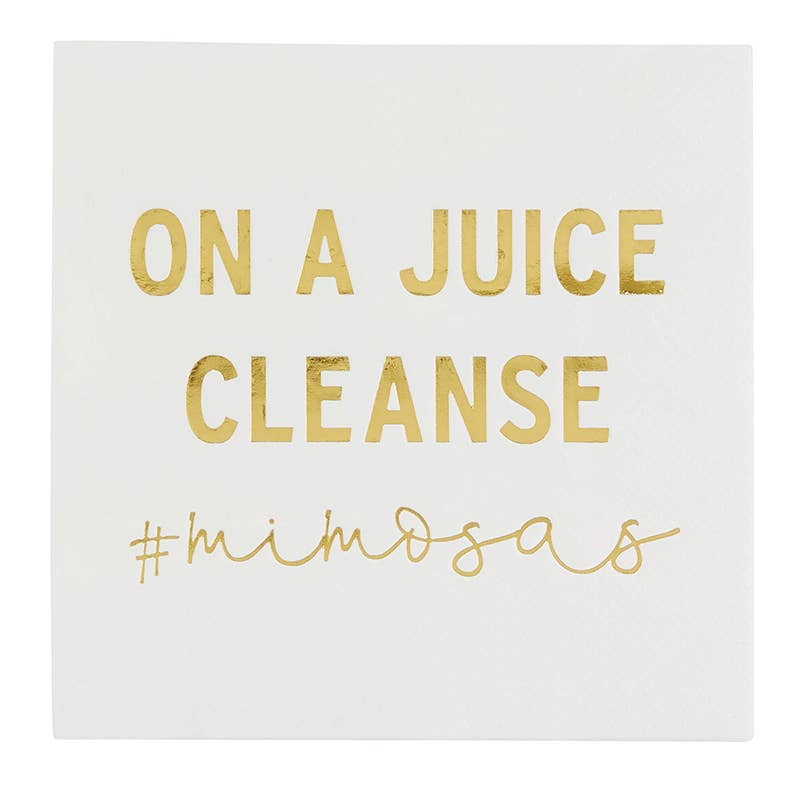 Gold text 'ON A JUICE CLEANSE #mimosas' on a white background