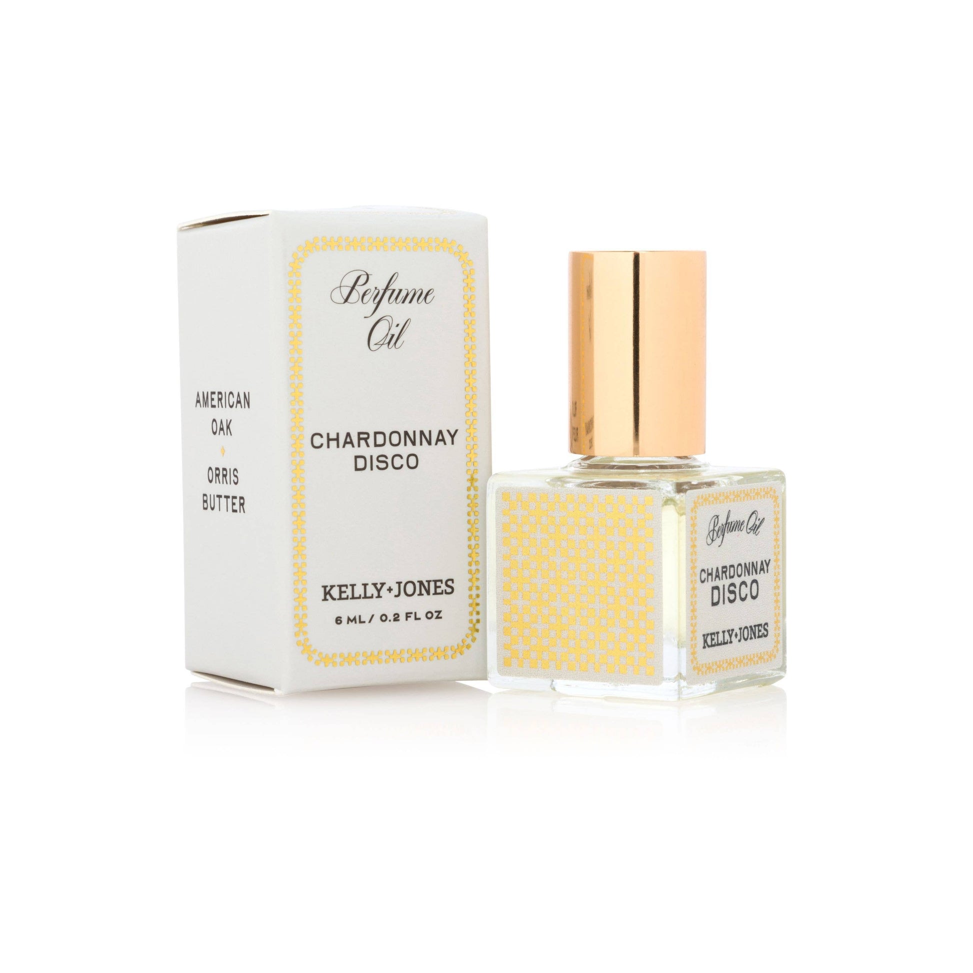 Kelly Jones Chardonnay Disco perfume oil with packaging on a white background
