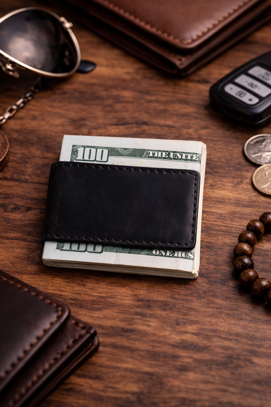 Black leather wallet with money on a wooden surface with accessories.