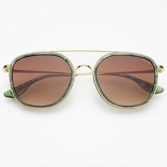 Sunglasses with gold frame and brown lenses on a white background