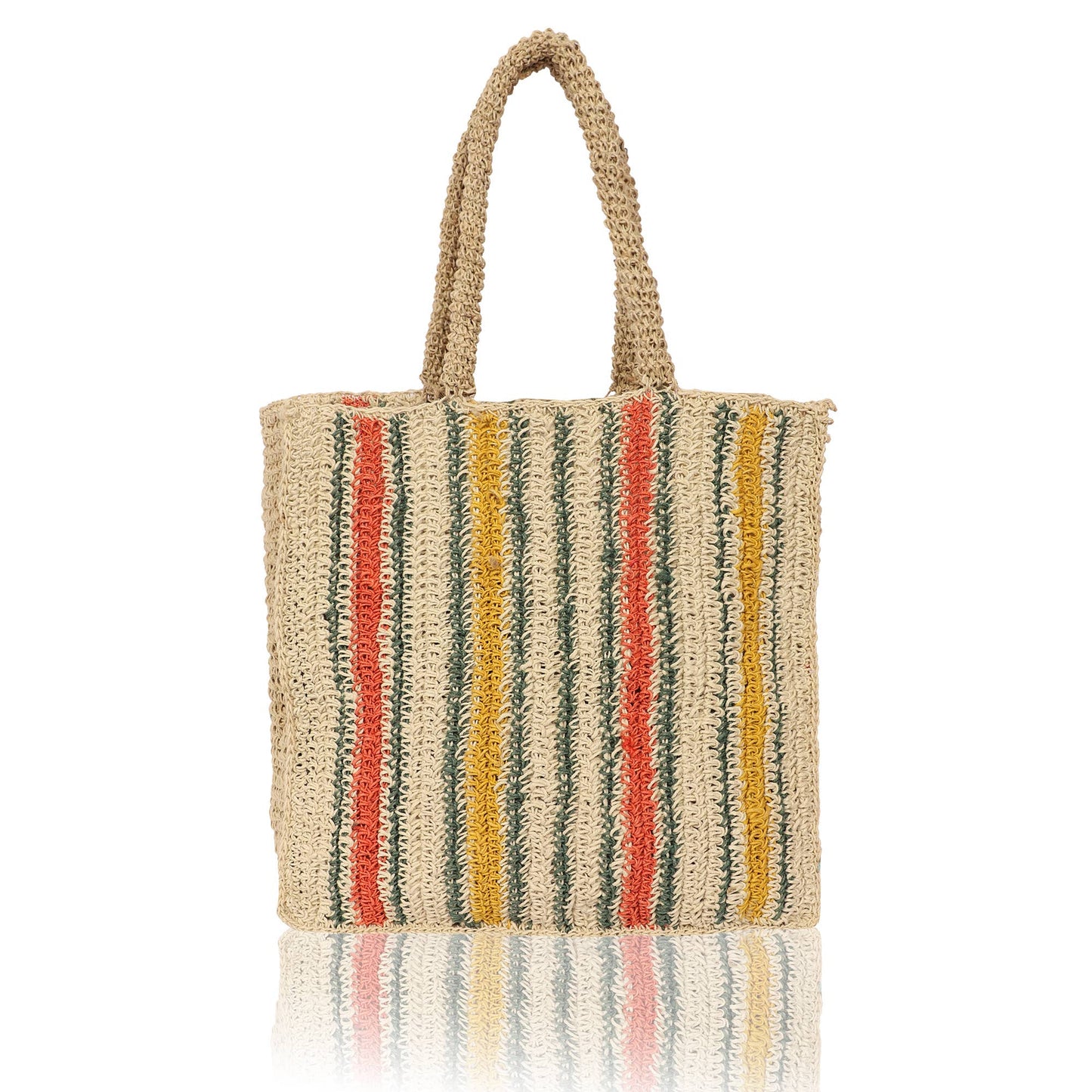 Striped woven bag with a handle on a white background