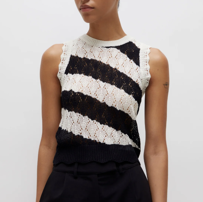 Striped Pointelle Knit Top - Black & White
