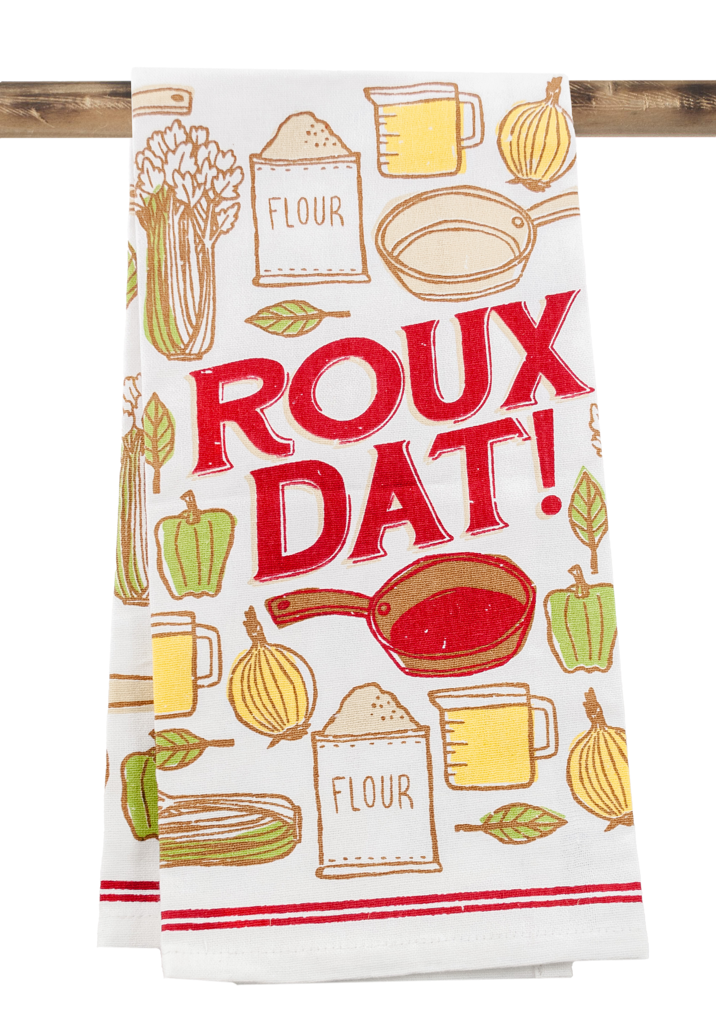 Kitchen towel with cooking-themed graphics and 'ROUX DAT!' text on a white background