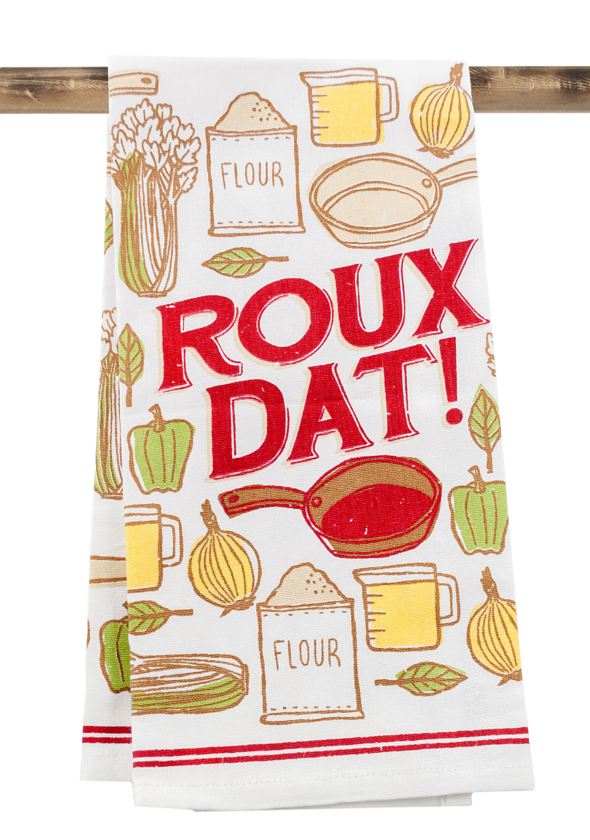 Kitchen towel with cooking-themed graphics and 'ROUX DAT!' text on a white background