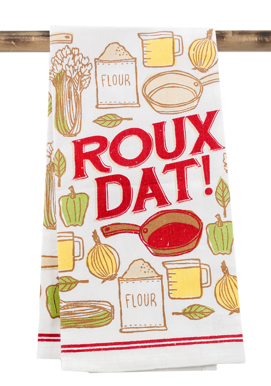 Kitchen towel with cooking-themed graphics and 'ROUX DAT!' text on a white background