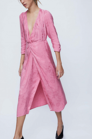 V-Neck Jacquard Midi Dress - Pink