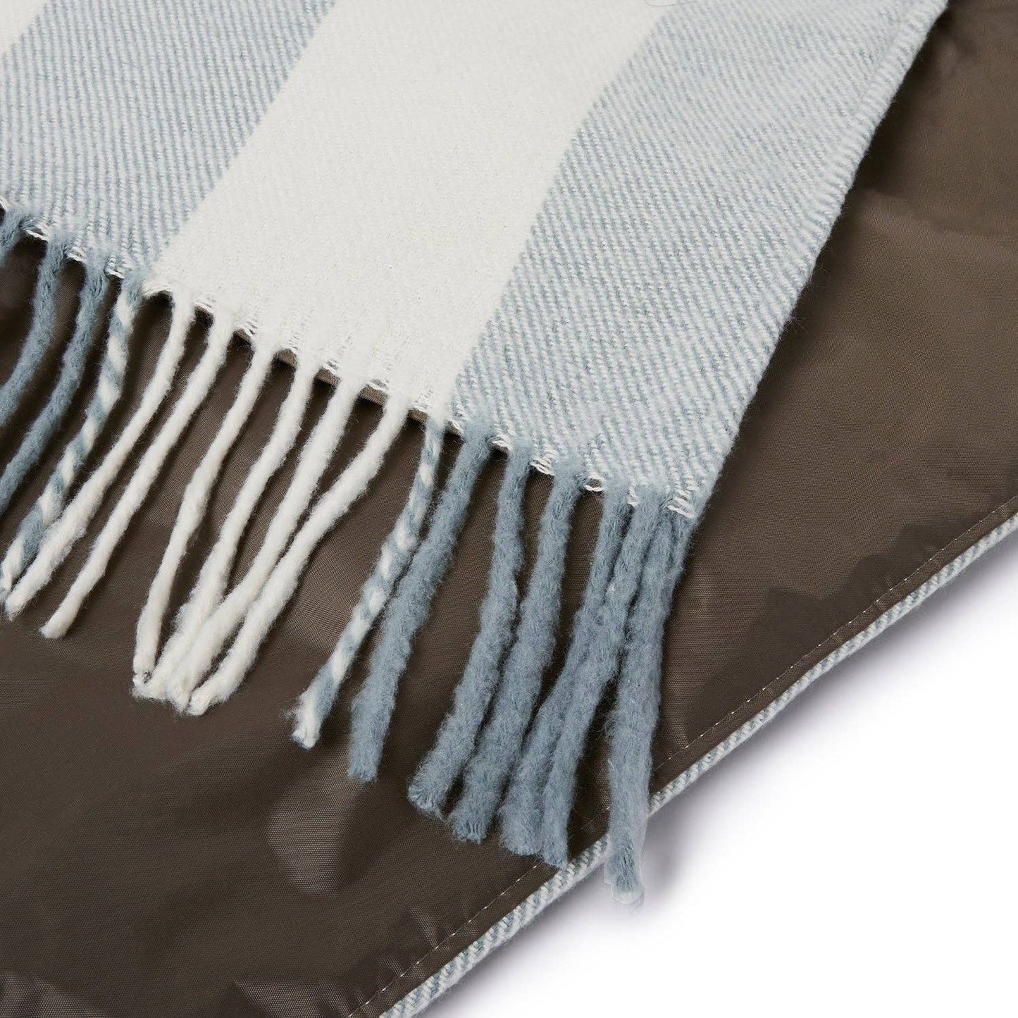 Light blue and white plaid blanket with fringes on a brown surface