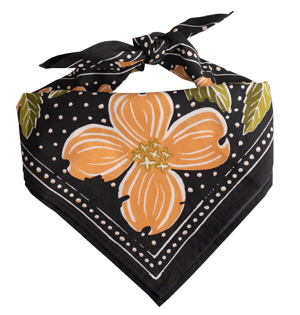 Black bandana with orange floral design on a white background