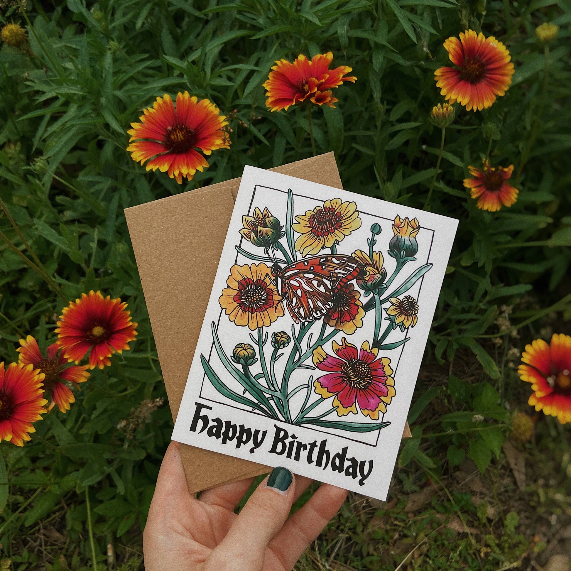 birthday card with butterfly and flowers against greenery and flowers