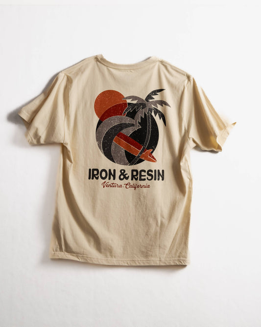 Beige t-shirt with a graphic design and 'Iron & Resin' text on a white background