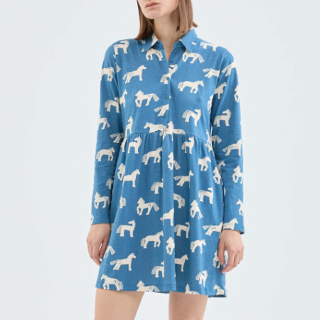Horse Print Shirt Dress - Blue