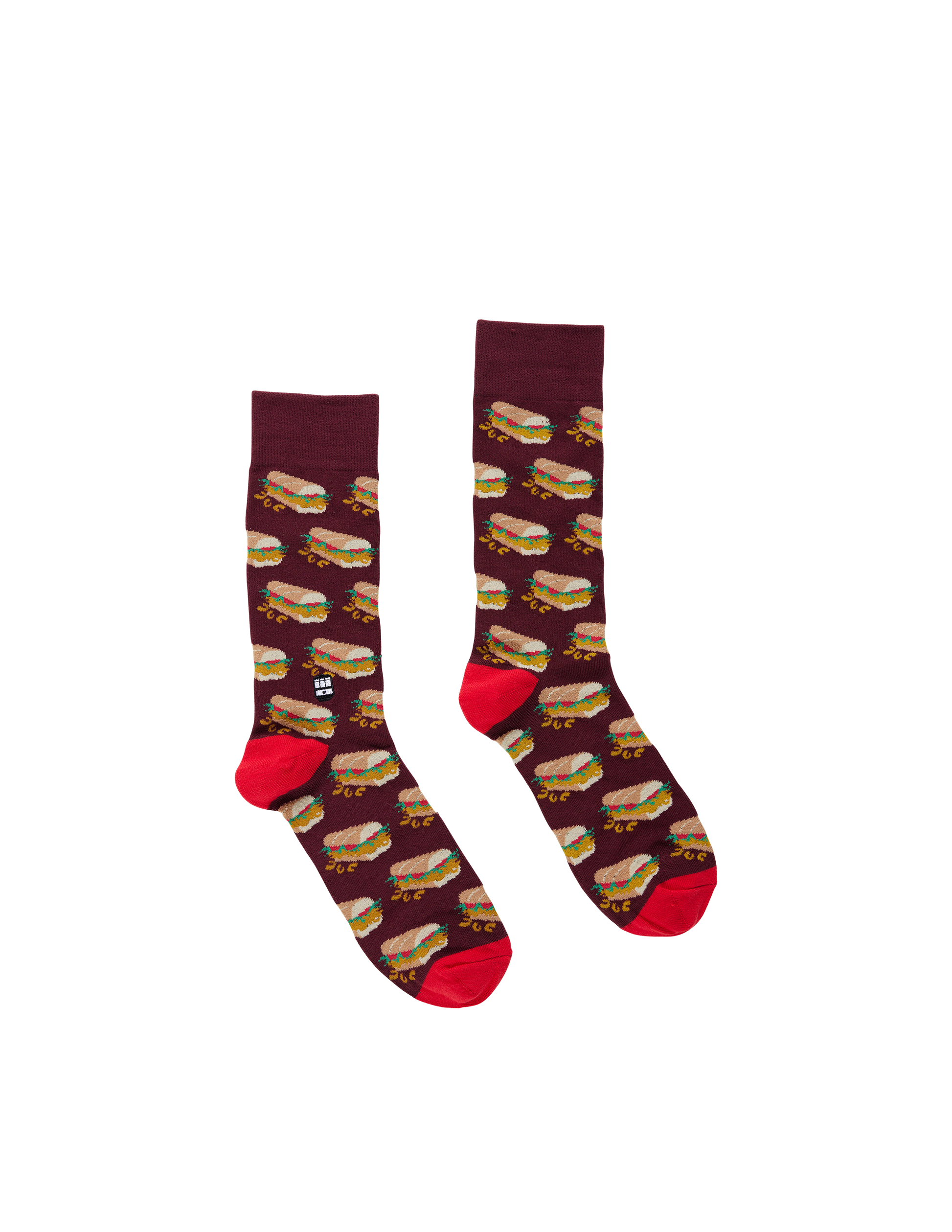 Maroon socks with burger pattern on a white background