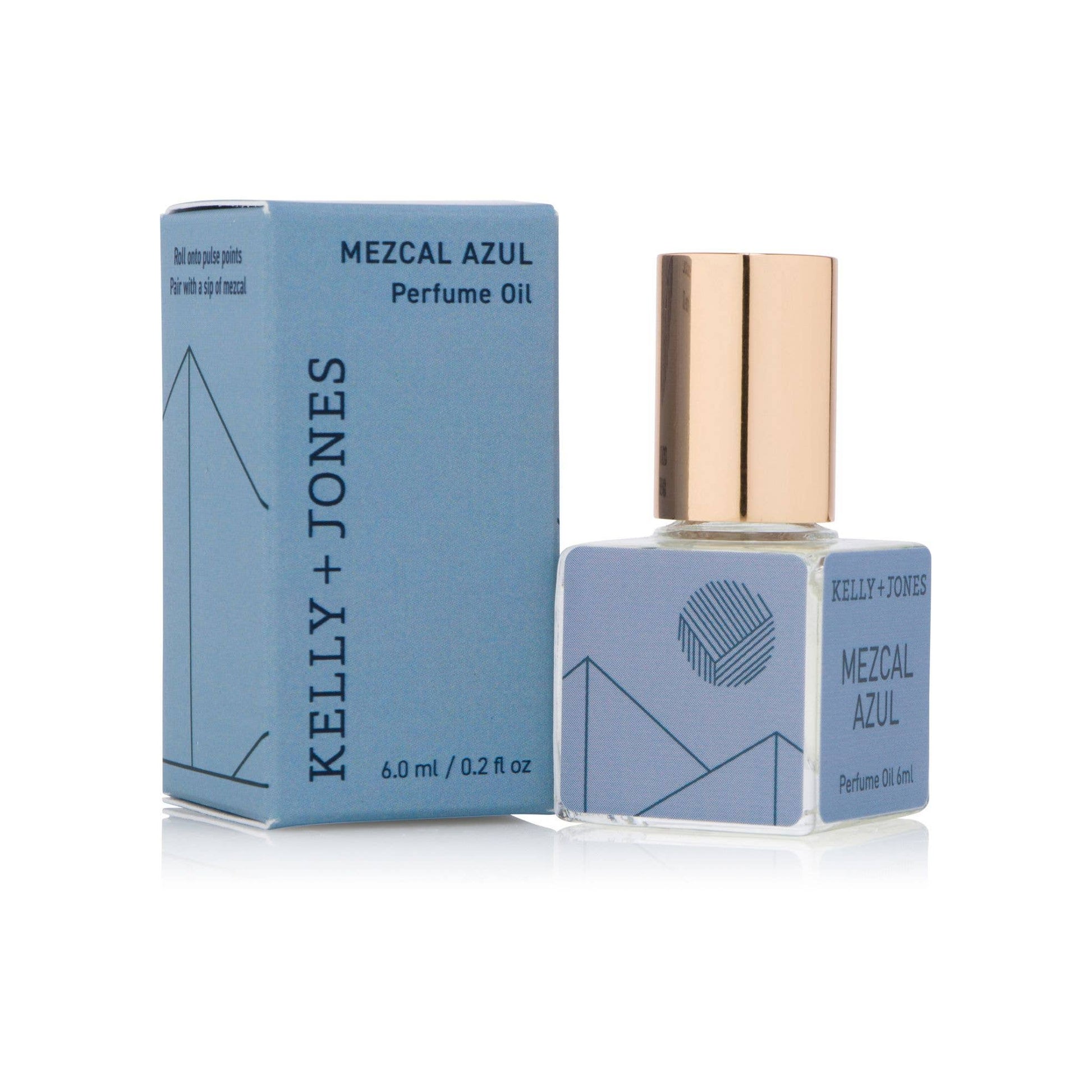 Perfume oil bottle and packaging with 'Kelly + Jones' branding on a white background