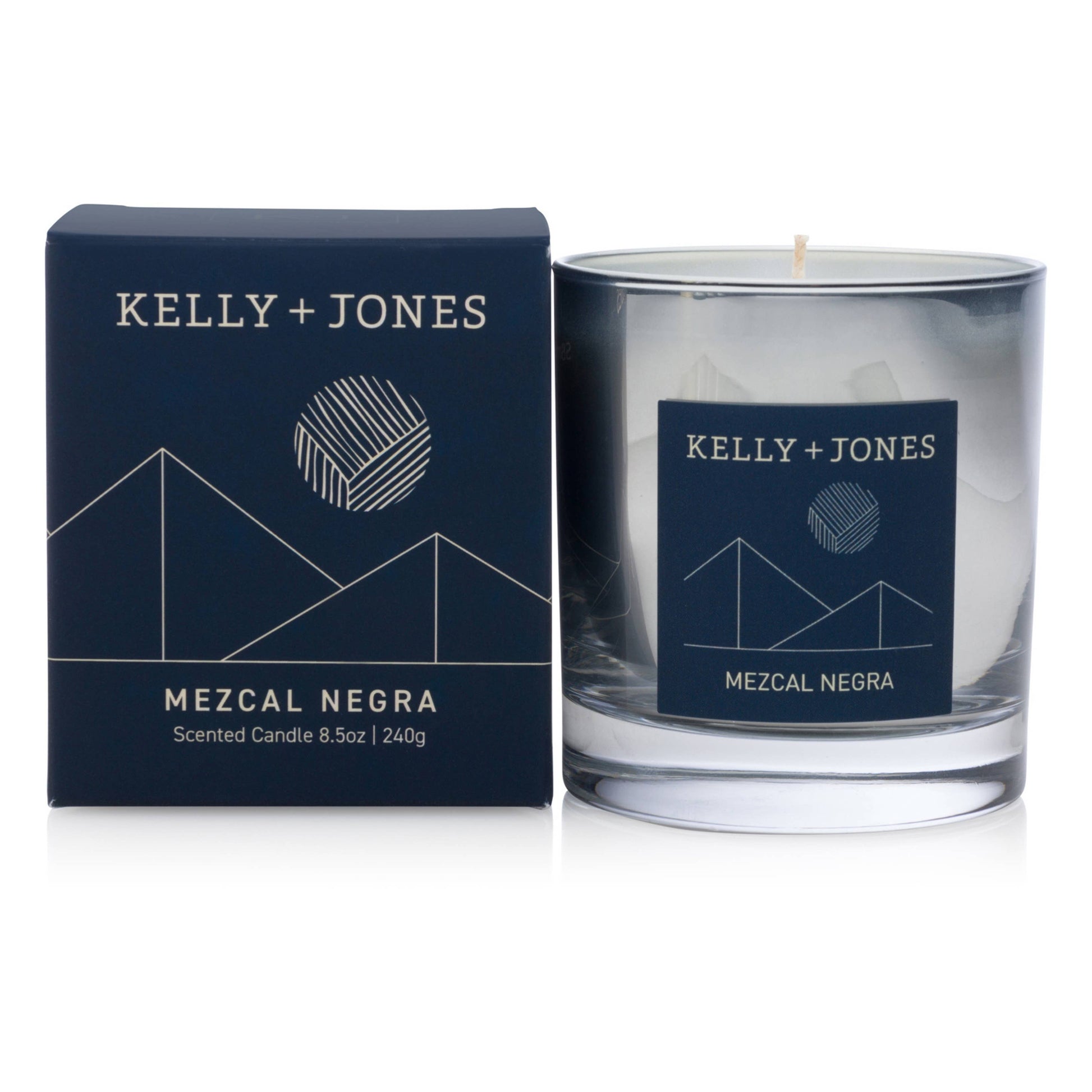 Kelly + Jones Mezcal Negra candle and packaging on a white background