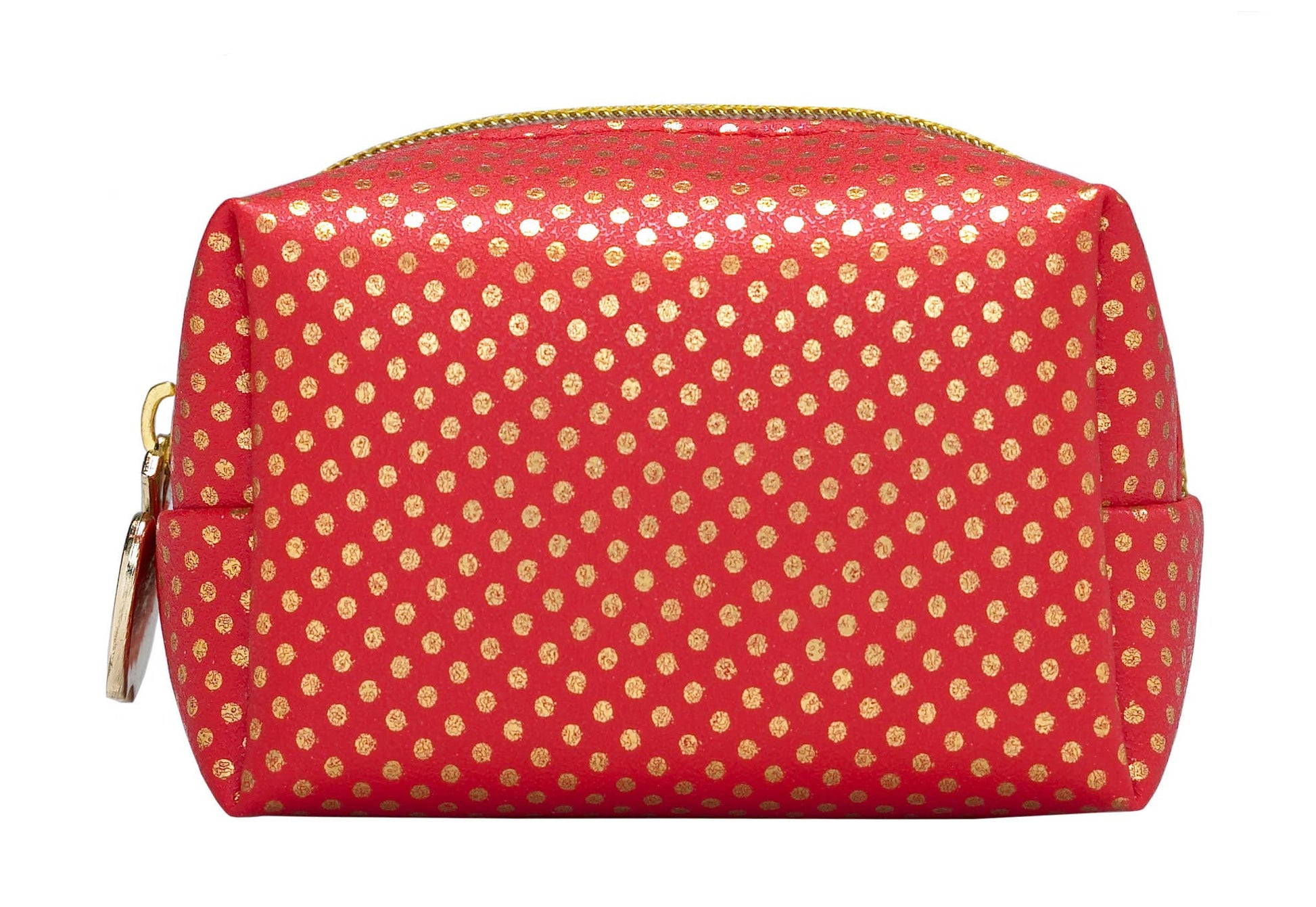 Red cosmetic bag with gold polka dot pattern on a white background