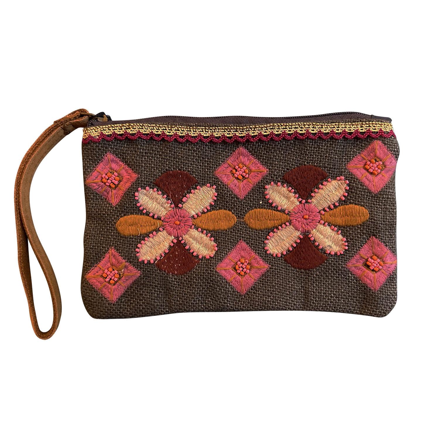 Embroidered clutch bag with floral patterns on a white background