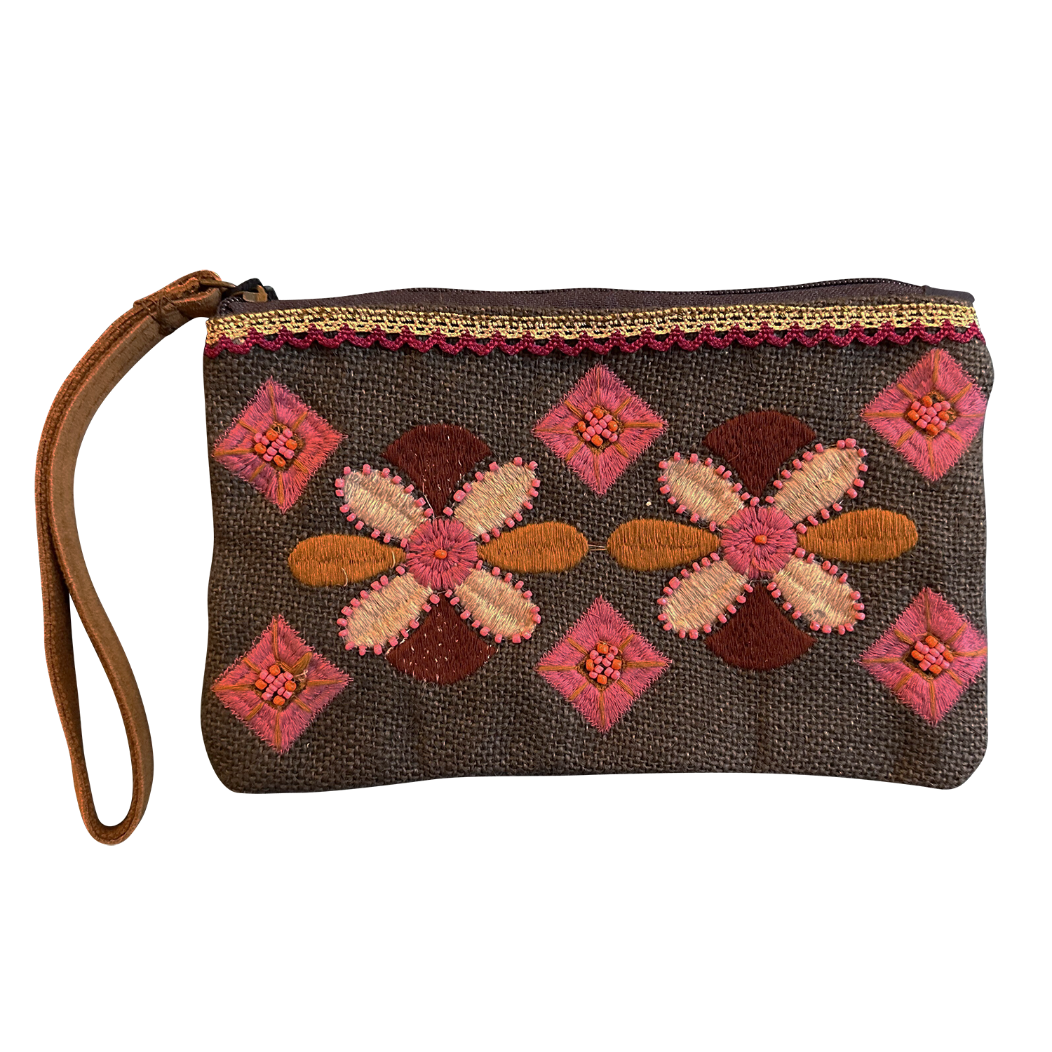 Embroidered clutch bag with floral patterns on a white background