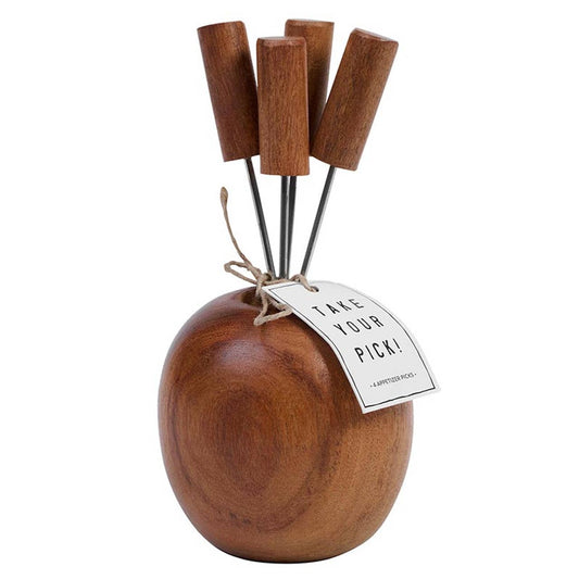 Wooden apple-shaped container with four wooden picks and a tag on a white background