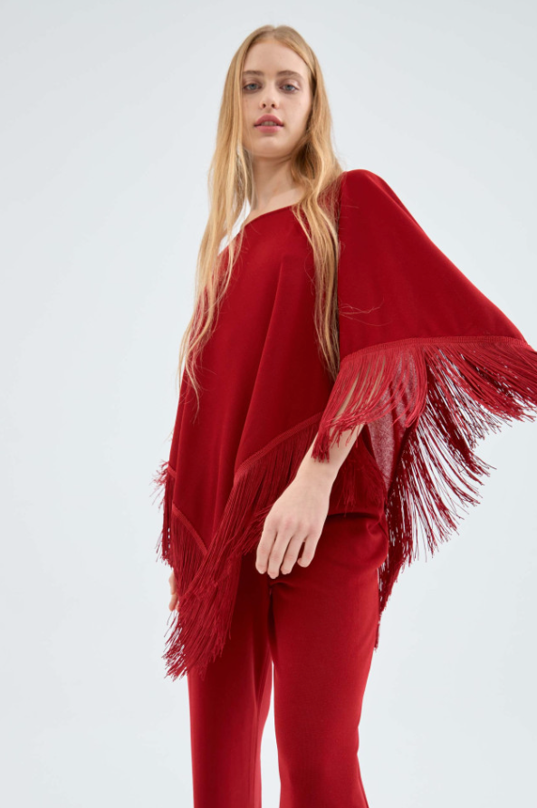 Fringed Poncho - Red