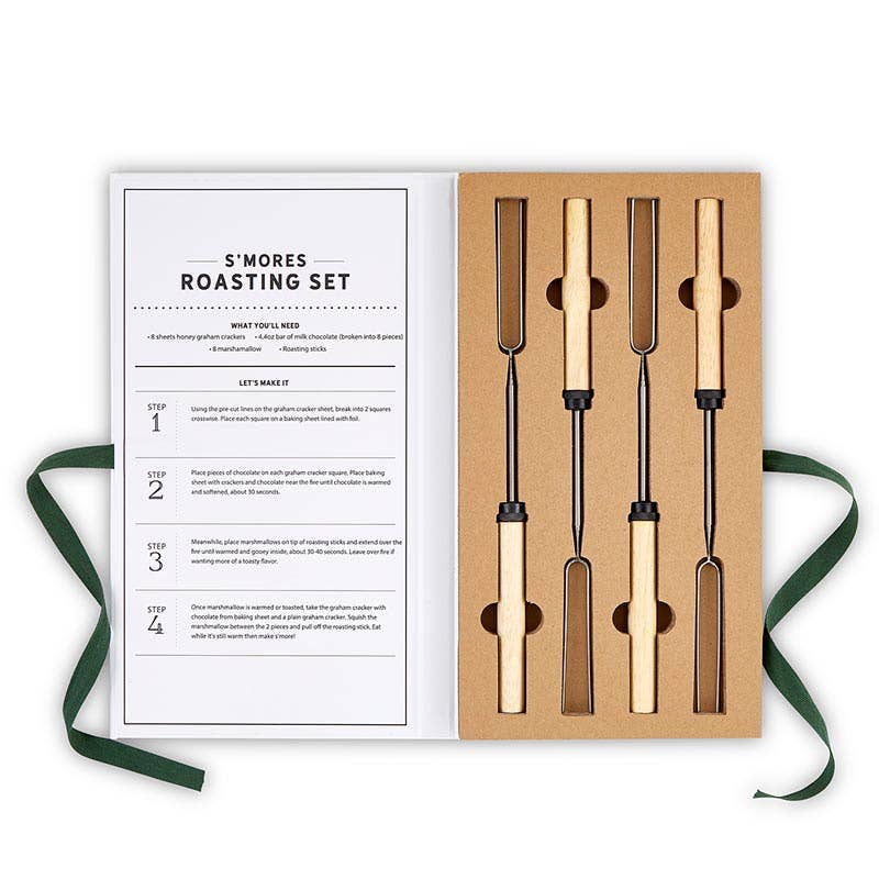 S'mores roasting set with instructions on a white background