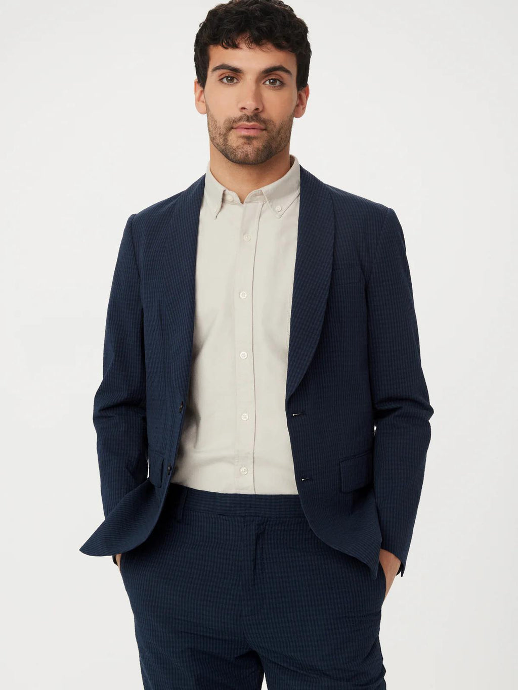 Seersucker Shawl Collar Blazer