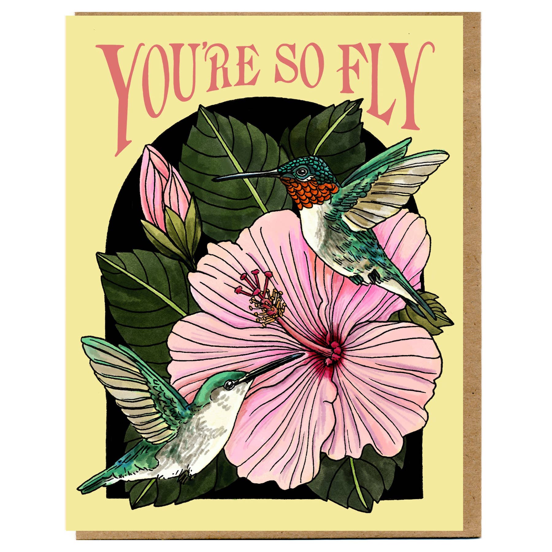 Greeting card with hummingbirds and pink flower on a yellow background with 'YOU'RE SO FLY' text.