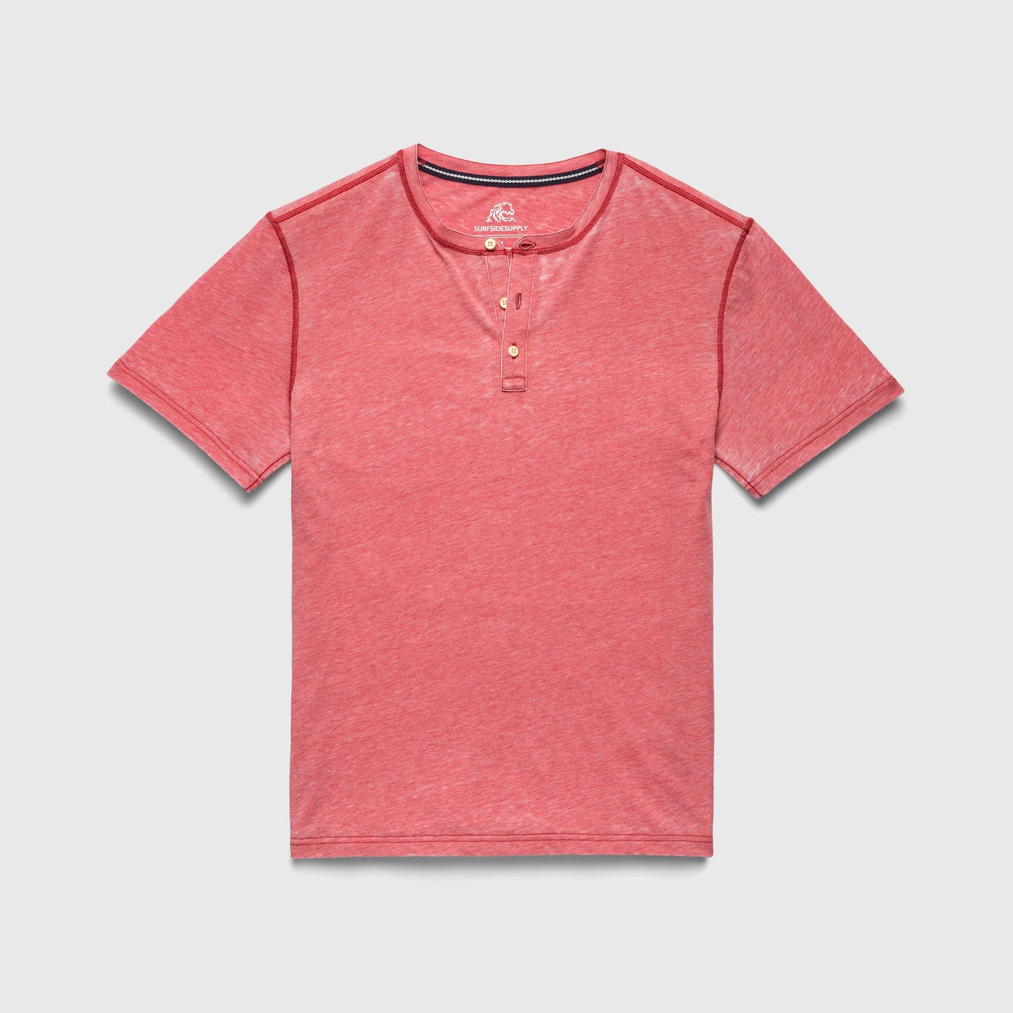 Red short-sleeve henley shirt on a light gray background