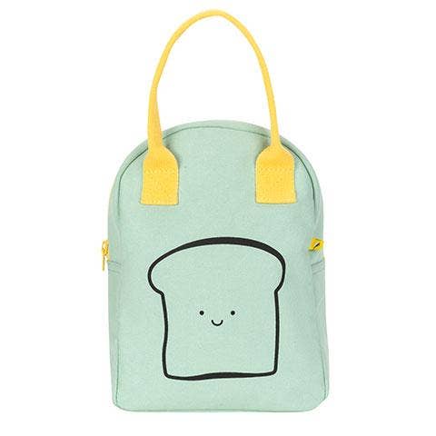 A mint green fabric lunch bag with a cute cartoon bread slice face on the front, featuring bright yellow handles and zipper pulls, set against a plain white background.