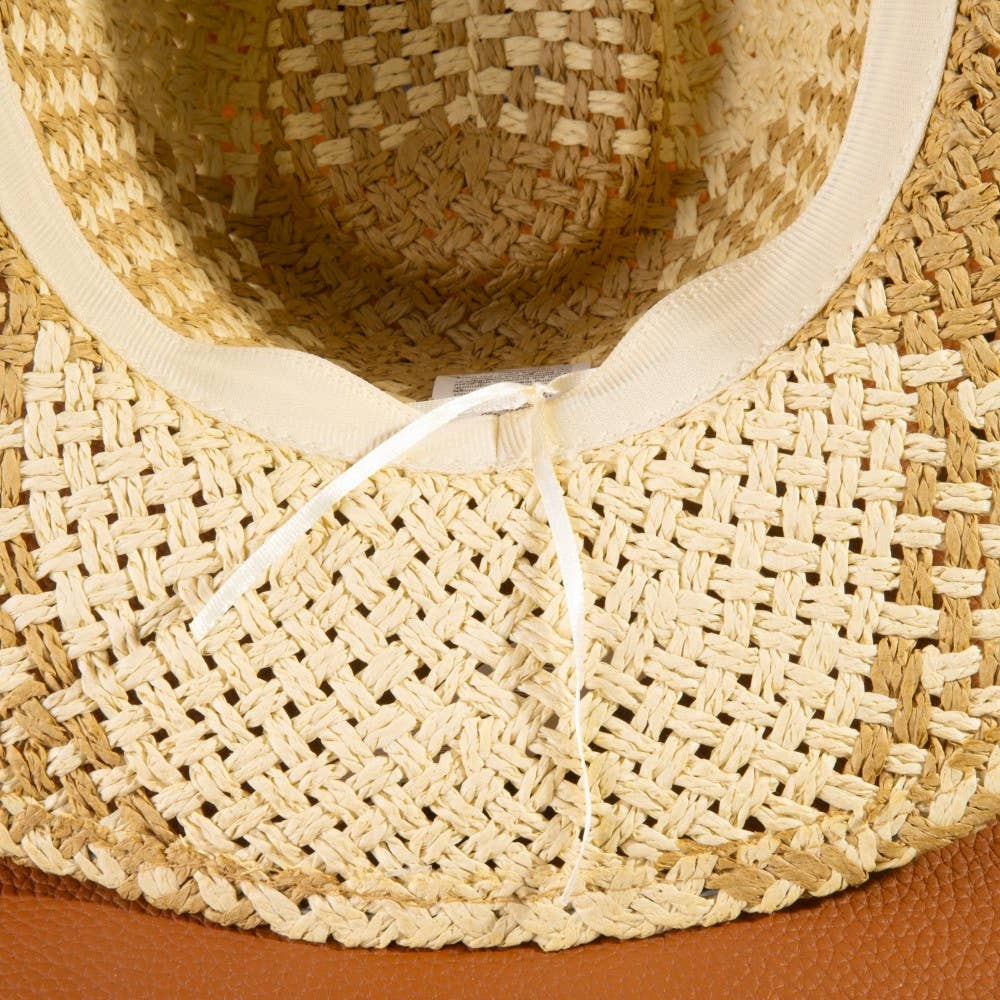 Close-up of a straw hat with a white band