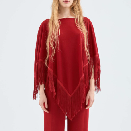 Fringed Poncho - Red