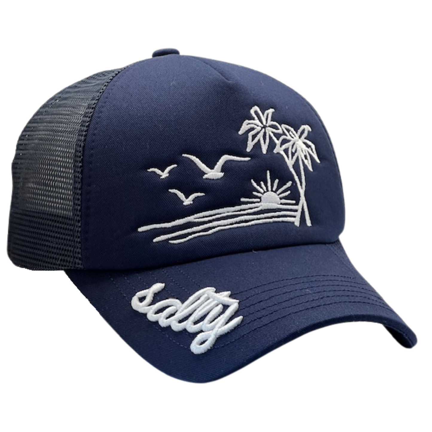 Navy blue cap with white palm tree, seagull, and 'salty' text design on a white background
