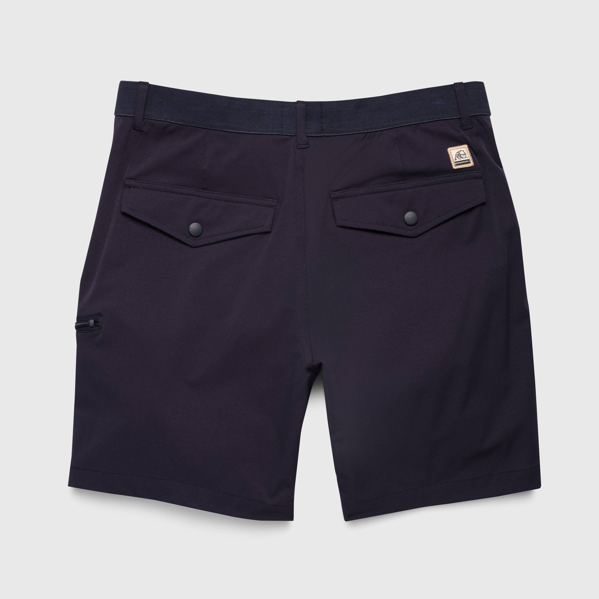 Navy shorts with two pockets on a light gray background