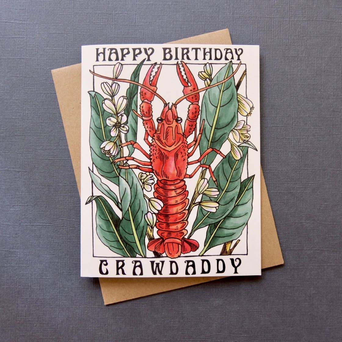 Happy Birthday Crawdaddy birthday card against gray background
