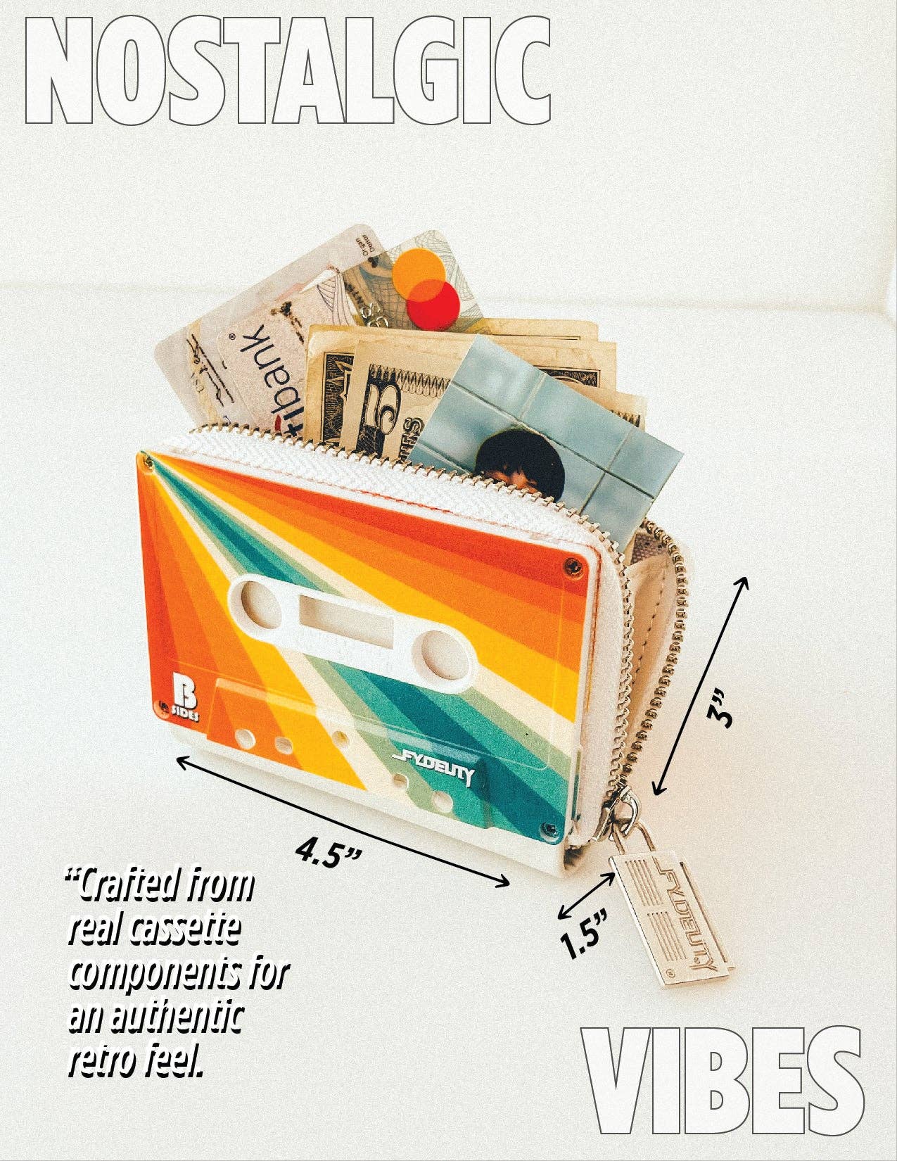 Cassette tape-shaped wallet with measurements and text on a white background