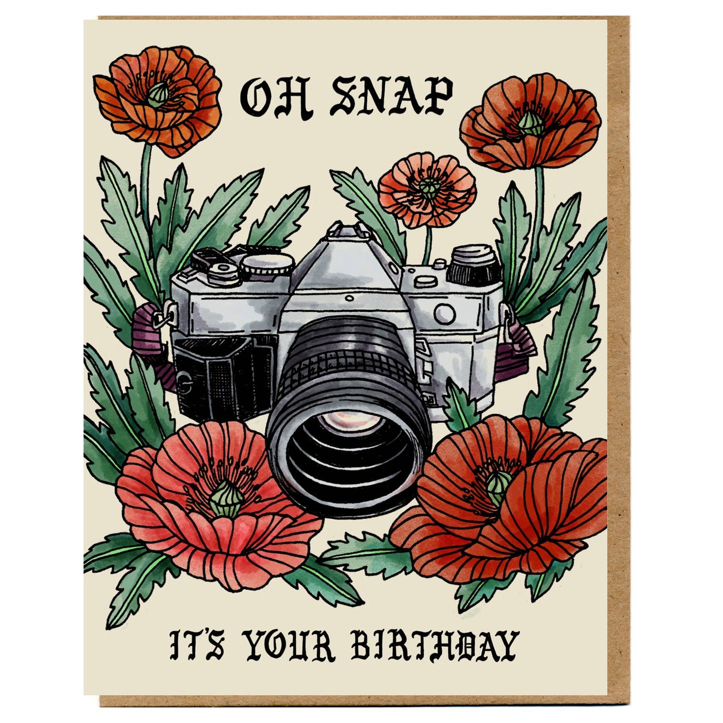 Birthday card with a camera and flowers, featuring the text 'Oh Snap It's Your Birthday'.