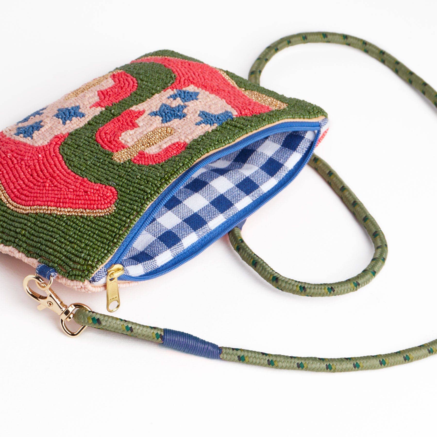 Embroidered pouch with colorful design and checkered interior on a white background