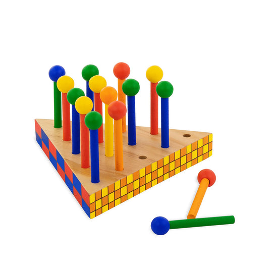 Colorful wooden peg game with multicolored pegs on a white background