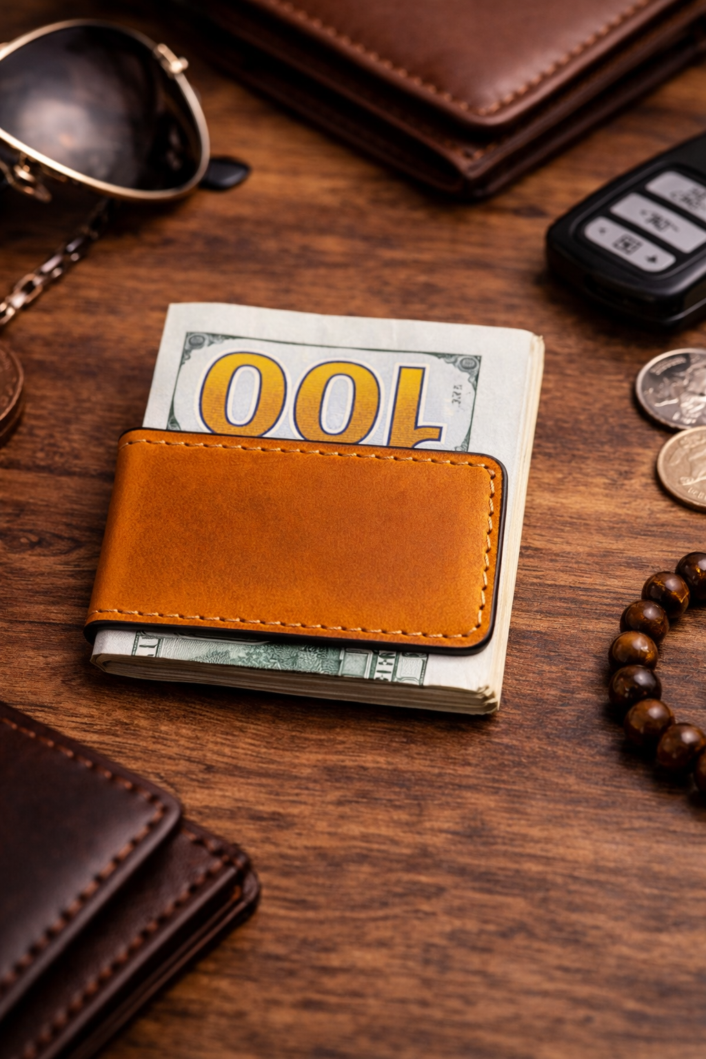 Brown leather wallet with dollar bills on a wooden surface with sunglasses, car keys, and coins.